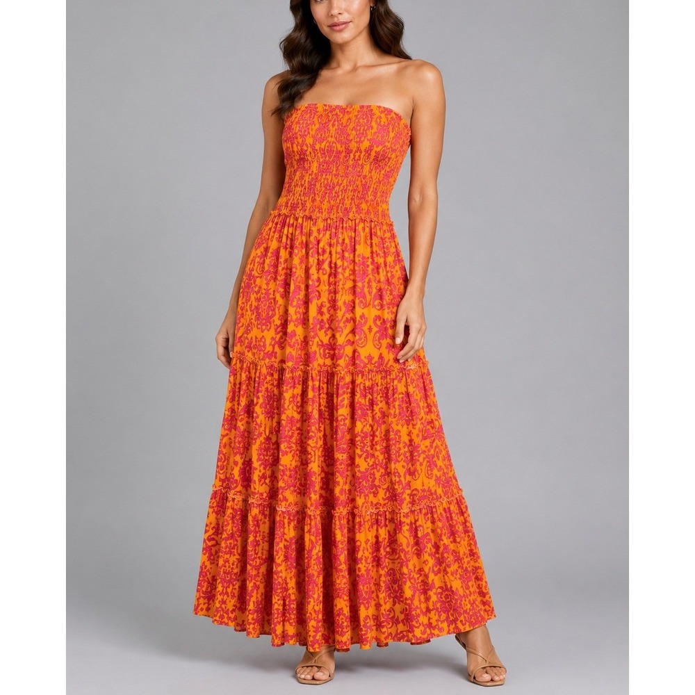 Abel The Label Anthro Bondi Strapless Maxi Dress Womens L Orange Smocked Tiered